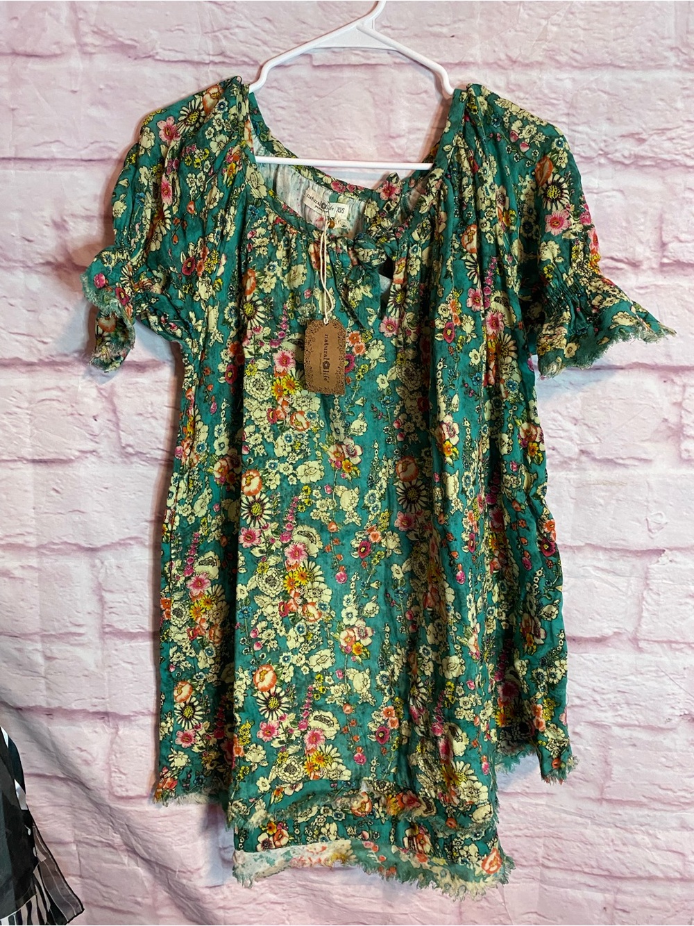 NATURAL LIFE Teal Floral Peasant Dress/Tunic with Pink & Yellow Accents NWT